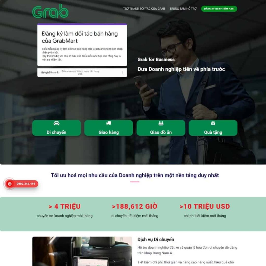 Theme landing page dịch vụ Grab