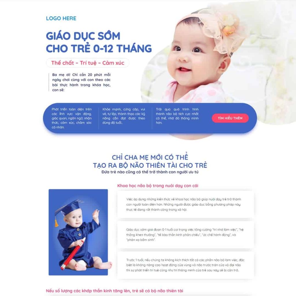 Theme landing page khóa học dạy trẻ