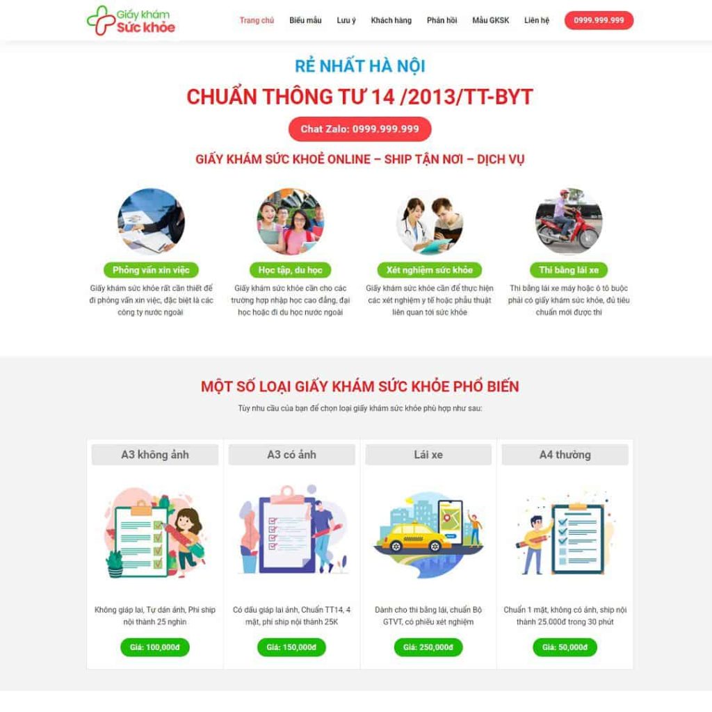 Theme landing page bán giấy khám sức khỏe
