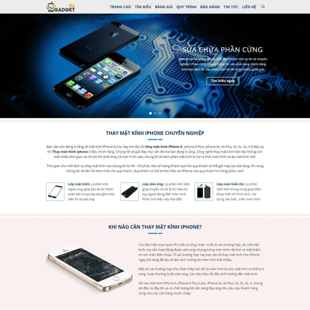 Theme dịch vụ sửa chữa, thay kính điện thoại