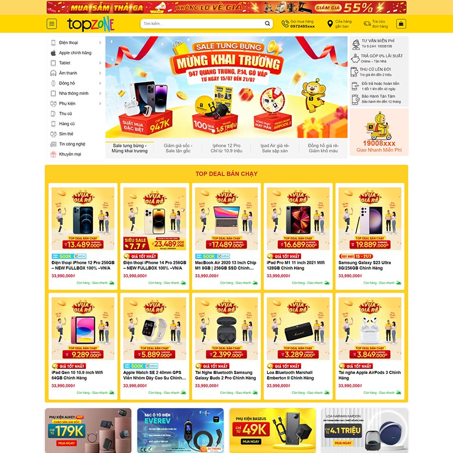 Theme mẫu bán điện thoại, phụ kiện giống TopZone