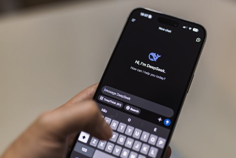A smartphone displaying the DeepSeek AI chat interface, depicting modern technology use.