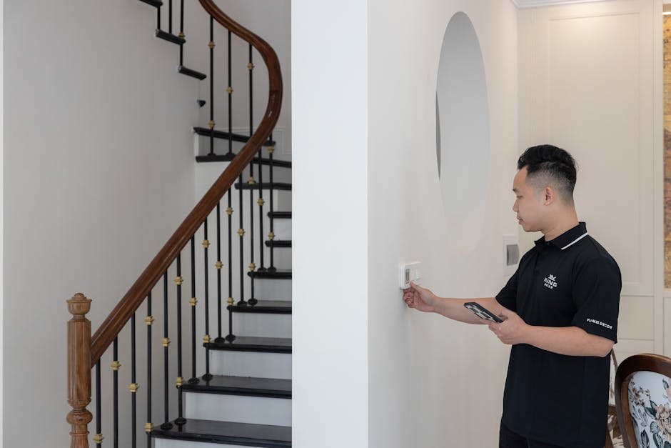 Man adjusting thermostat in stylish home with elegant staircase.