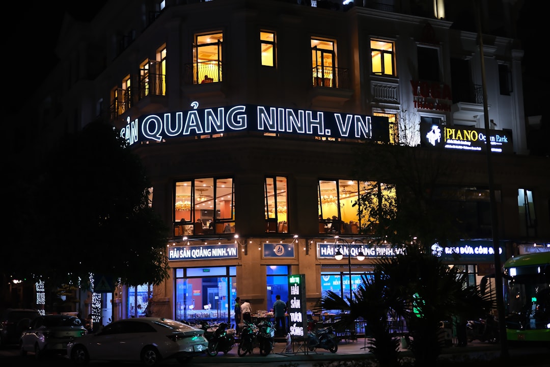 A building that has a lit up sign on it