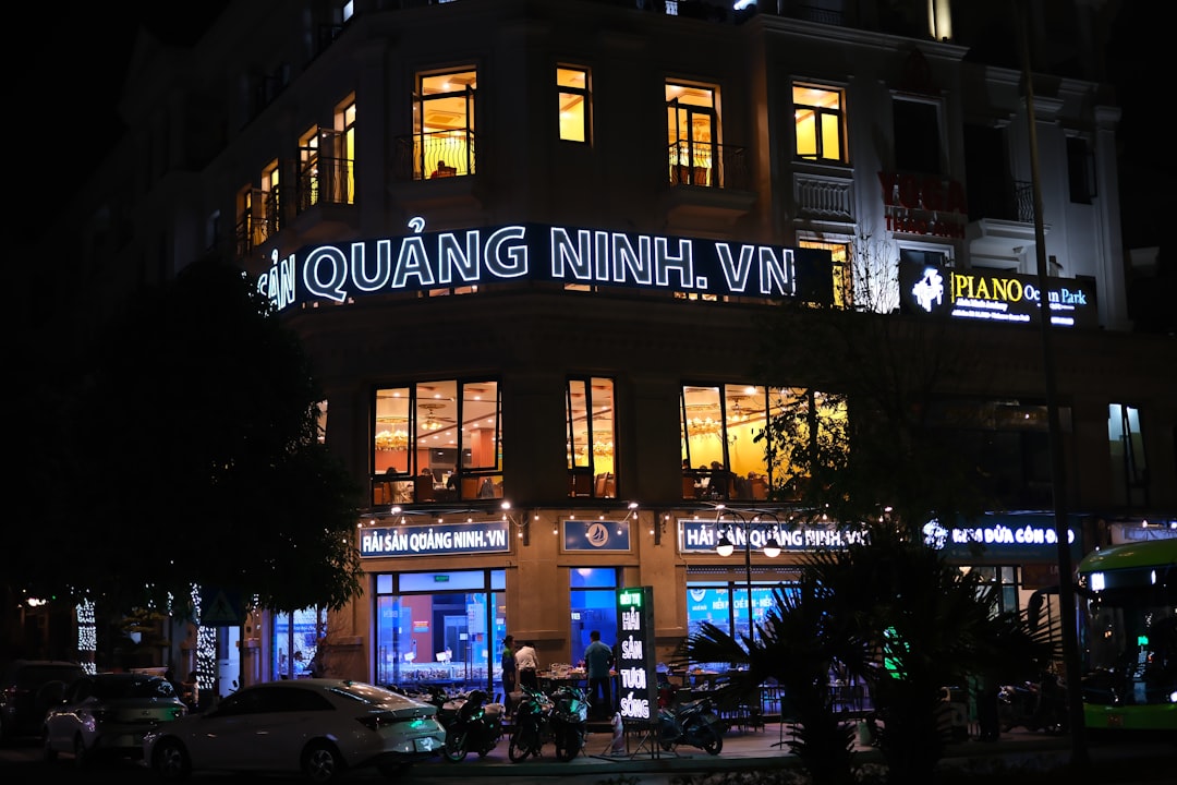 A building that has a lit up sign on it