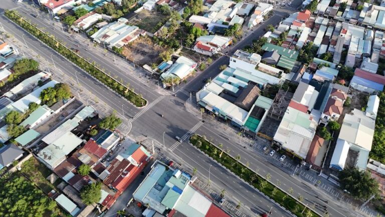 Aerial shot showcasing a vibrant intersection in Phú Mỹ, Vietnam from above.