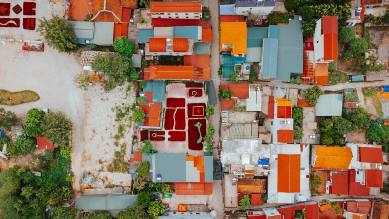 Colorful rooftops and traditional layout in Ứng Hòa, Hà Nội, Vietnam from above.